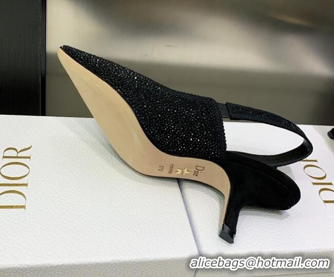 Best Grade Dior J'Adior Slingback Pumps 6.5cm in Black Cotton Embroidered with Crystal 2122309