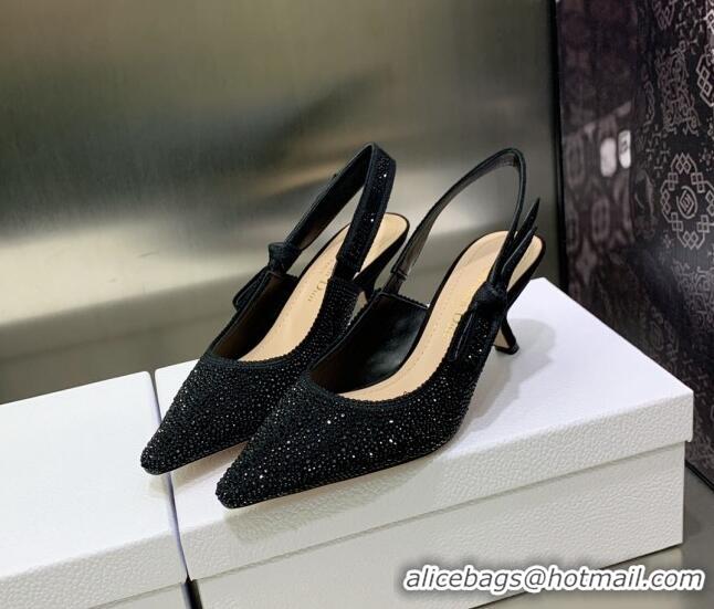 Best Grade Dior J'Adior Slingback Pumps 6.5cm in Black Cotton Embroidered with Crystal 2122309