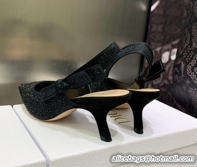 Best Grade Dior J'Adior Slingback Pumps 6.5cm in Black Cotton Embroidered with Crystal 2122309