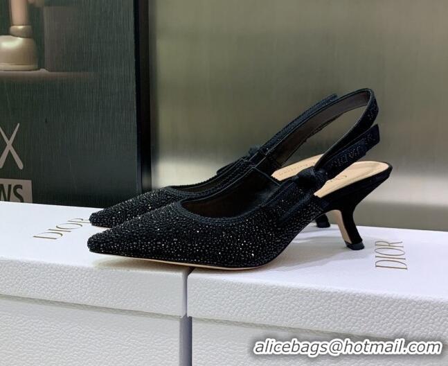 Best Grade Dior J'Adior Slingback Pumps 6.5cm in Black Cotton Embroidered with Crystal 2122309