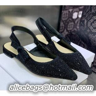 Low Cost Dior J'Adior Slingback Ballerina Flat in Black Cotton Embroidered with Crystal 2122310