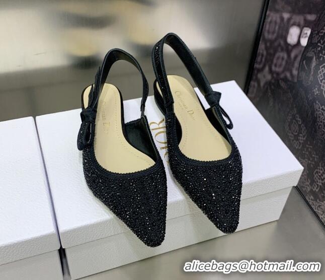 Low Cost Dior J'Adior Slingback Ballerina Flat in Black Cotton Embroidered with Crystal 2122310