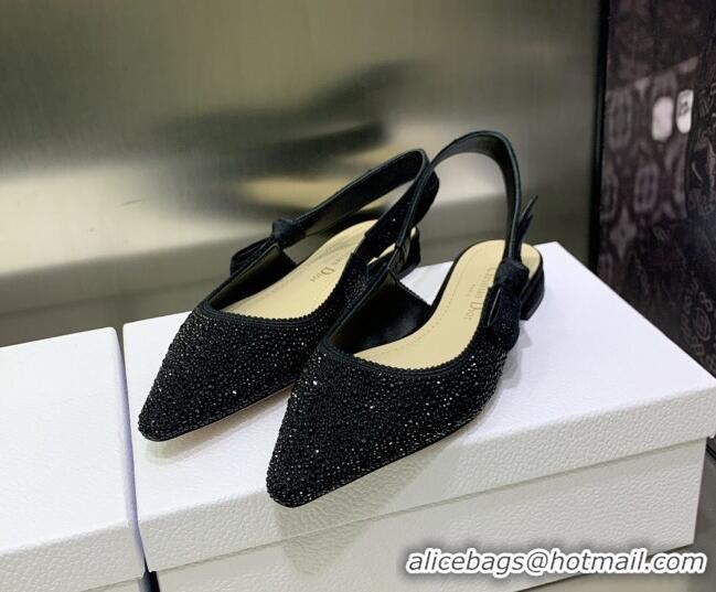 Low Cost Dior J'Adior Slingback Ballerina Flat in Black Cotton Embroidered with Crystal 2122310