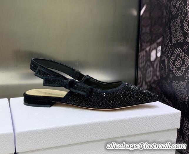 Low Cost Dior J'Adior Slingback Ballerina Flat in Black Cotton Embroidered with Crystal 2122310