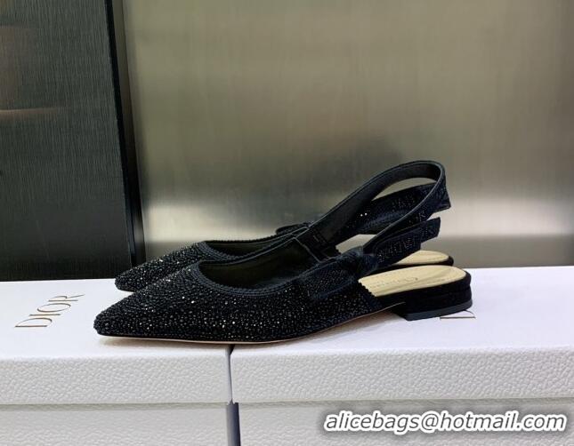 Low Cost Dior J'Adior Slingback Ballerina Flat in Black Cotton Embroidered with Crystal 2122310