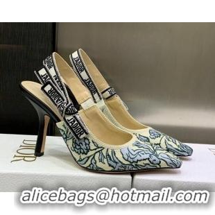 Sumptuous Dior J'Adior Slingback Pumps 9.5cm in Brocart Embroidered Cotton Beige/Blue 122311