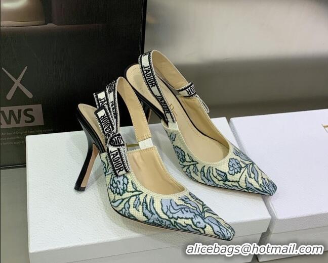 Sumptuous Dior J'Adior Slingback Pumps 9.5cm in Brocart Embroidered Cotton Beige/Blue 122311