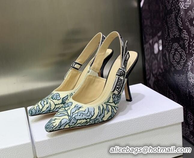 Sumptuous Dior J'Adior Slingback Pumps 9.5cm in Brocart Embroidered Cotton Beige/Blue 122311