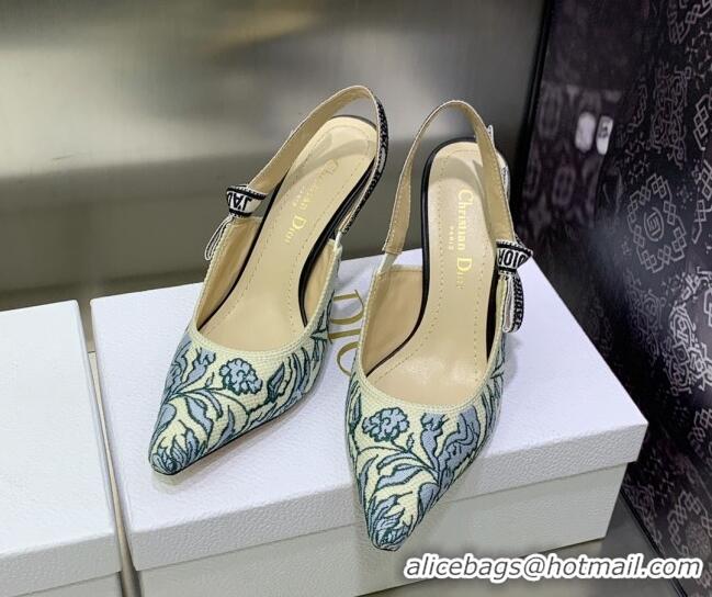 Sumptuous Dior J'Adior Slingback Pumps 9.5cm in Brocart Embroidered Cotton Beige/Blue 122311