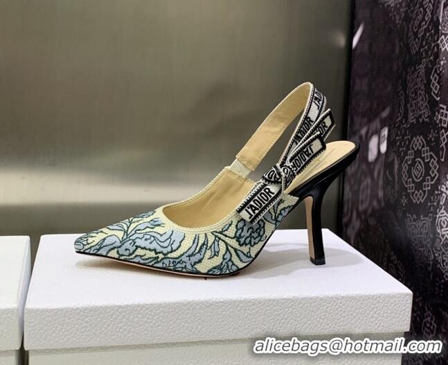 Sumptuous Dior J'Adior Slingback Pumps 9.5cm in Brocart Embroidered Cotton Beige/Blue 122311