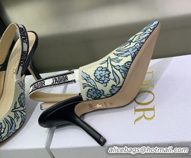 Sumptuous Dior J'Adior Slingback Pumps 9.5cm in Brocart Embroidered Cotton Beige/Blue 122311