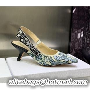 Best Product Dior J'Adior Slingback Pumps 6.5cm in Brocart Embroidered Cotton Beige/Blue 122312