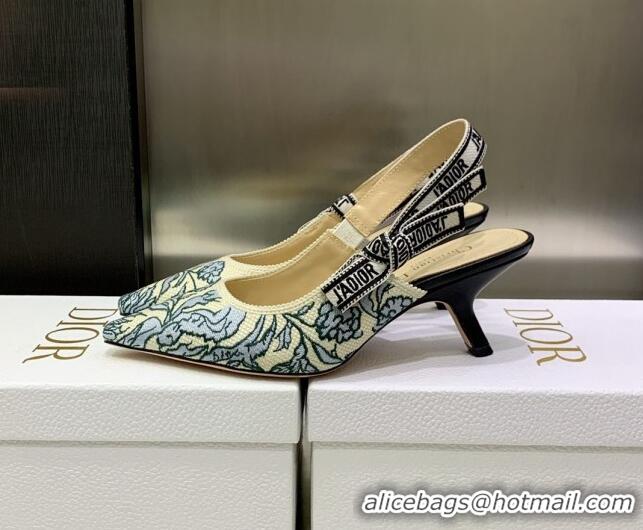 Best Product Dior J'Adior Slingback Pumps 6.5cm in Brocart Embroidered Cotton Beige/Blue 122312