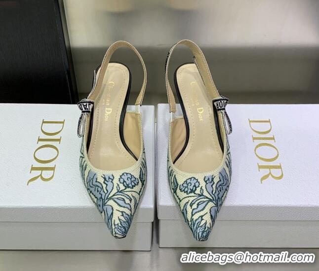 Best Product Dior J'Adior Slingback Pumps 6.5cm in Brocart Embroidered Cotton Beige/Blue 122312