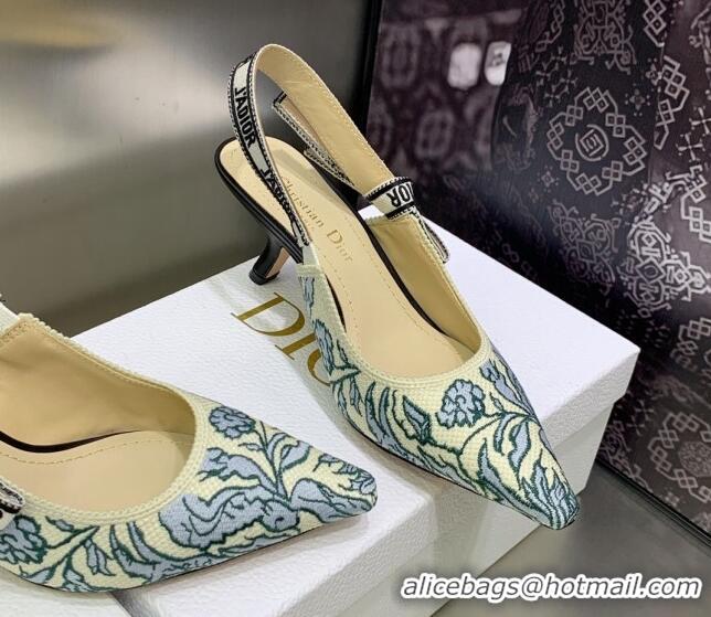 Best Product Dior J'Adior Slingback Pumps 6.5cm in Brocart Embroidered Cotton Beige/Blue 122312