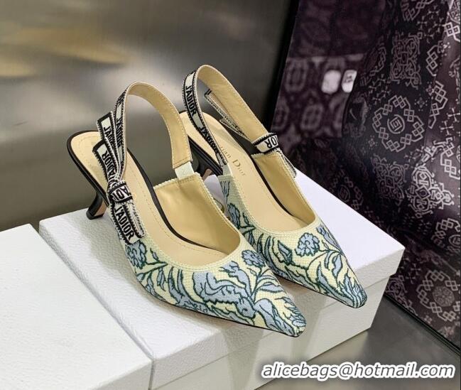 Best Product Dior J'Adior Slingback Pumps 6.5cm in Brocart Embroidered Cotton Beige/Blue 122312