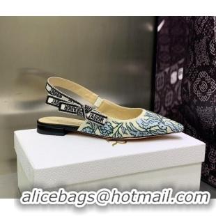 Charming Dior J'Adior Slingback Ballerina Flat in Brocart Embroidered Cotton Beige/Blue 122313