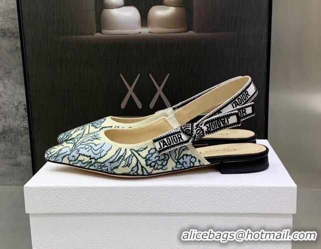 Charming Dior J'Adior Slingback Ballerina Flat in Brocart Embroidered Cotton Beige/Blue 122313