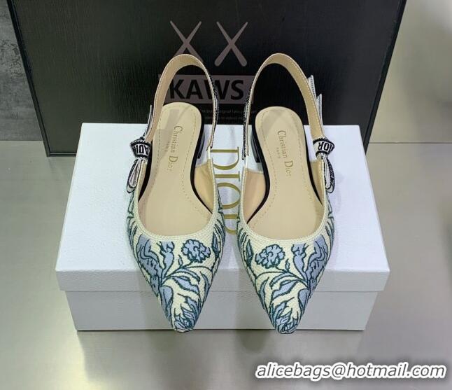 Charming Dior J'Adior Slingback Ballerina Flat in Brocart Embroidered Cotton Beige/Blue 122313