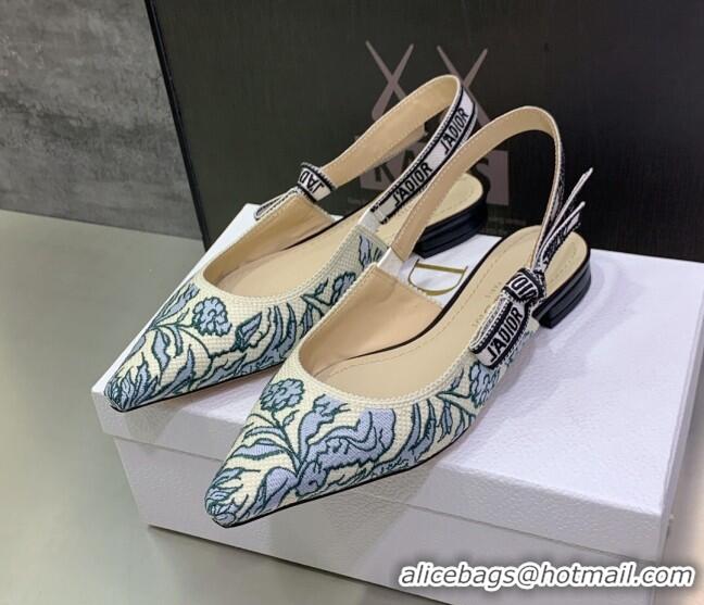 Charming Dior J'Adior Slingback Ballerina Flat in Brocart Embroidered Cotton Beige/Blue 122313