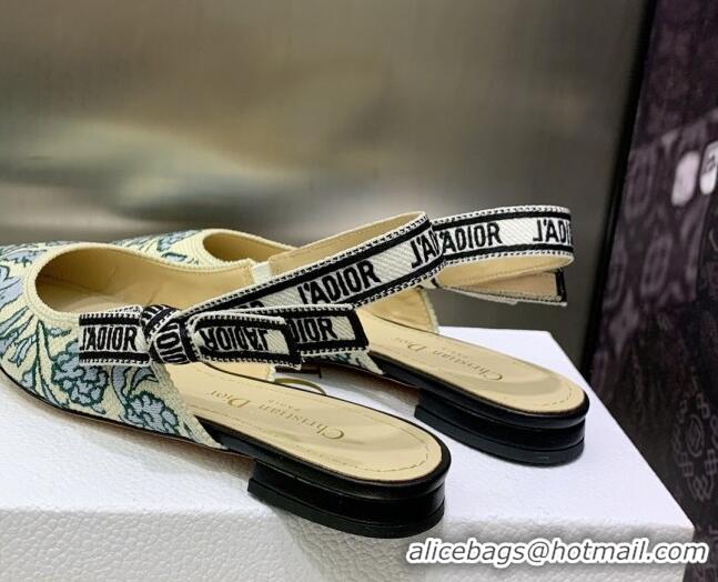 Charming Dior J'Adior Slingback Ballerina Flat in Brocart Embroidered Cotton Beige/Blue 122313