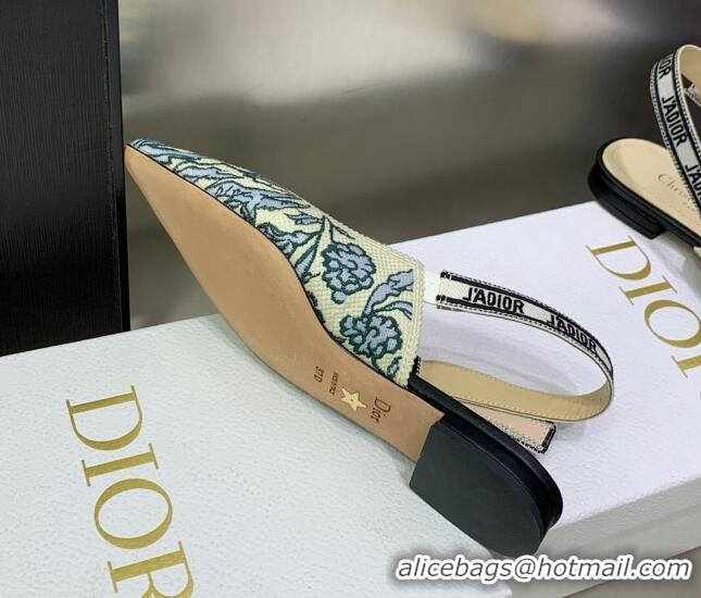 Charming Dior J'Adior Slingback Ballerina Flat in Brocart Embroidered Cotton Beige/Blue 122313