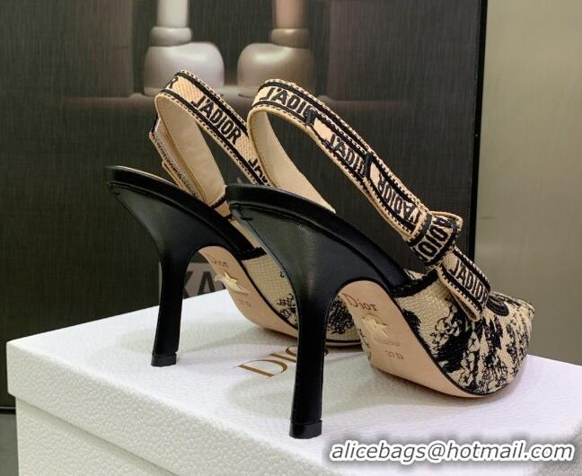 Perfect Dior J'Adior Slingback Pumps 9.5cm in Toile de Jouy Embroidered Cotton Beige/Black 2122314