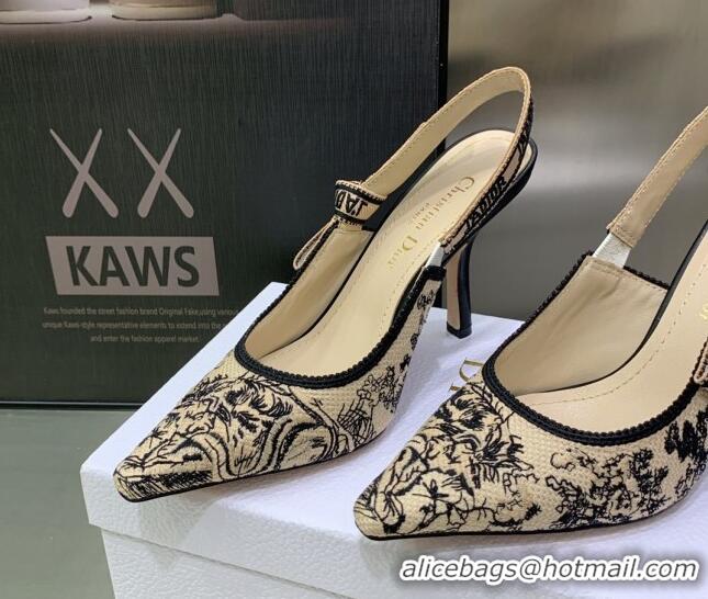 Perfect Dior J'Adior Slingback Pumps 9.5cm in Toile de Jouy Embroidered Cotton Beige/Black 2122314