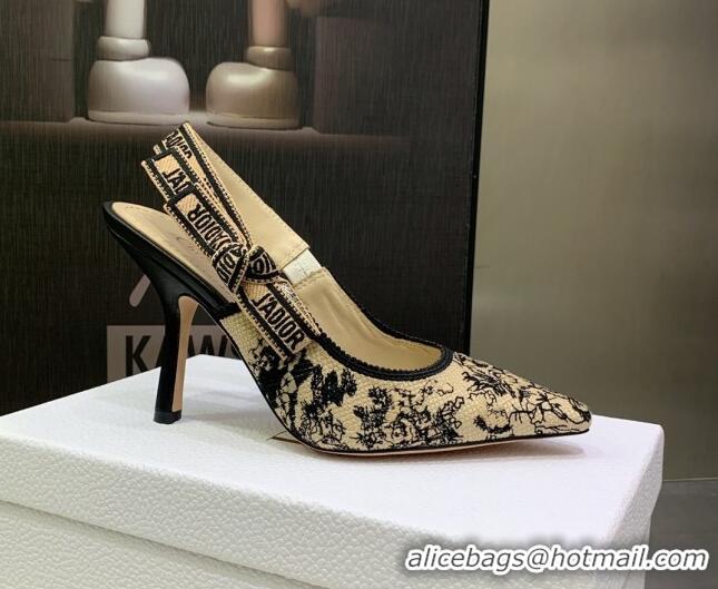 Perfect Dior J'Adior Slingback Pumps 9.5cm in Toile de Jouy Embroidered Cotton Beige/Black 2122314