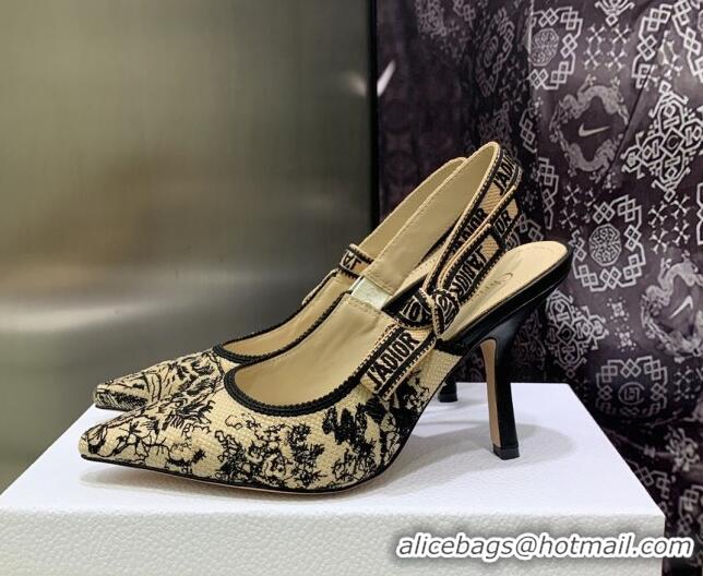 Perfect Dior J'Adior Slingback Pumps 9.5cm in Toile de Jouy Embroidered Cotton Beige/Black 2122314