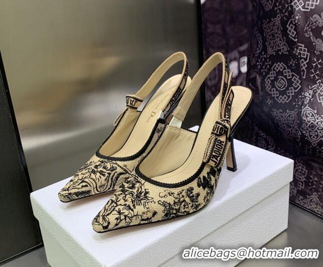 Perfect Dior J'Adior Slingback Pumps 9.5cm in Toile de Jouy Embroidered Cotton Beige/Black 2122314