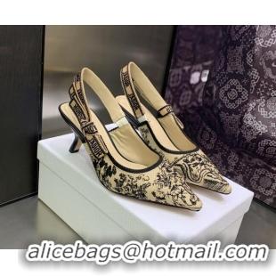 Crafted Dior J'Adior Slingback Pumps 6.5cm in Toile de Jouy Embroidered Cotton Beige/Black 122315