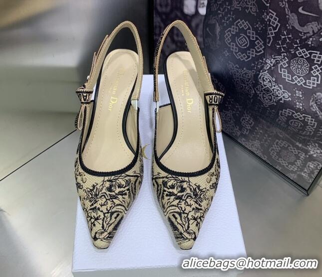 Crafted Dior J'Adior Slingback Pumps 6.5cm in Toile de Jouy Embroidered Cotton Beige/Black 122315