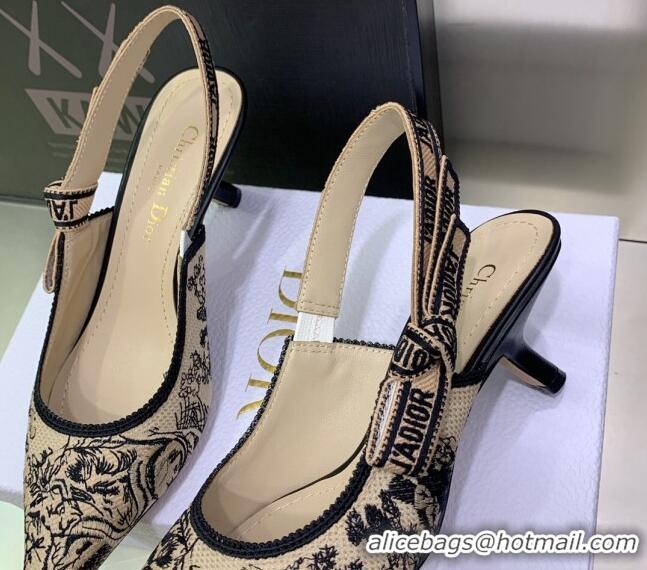 Crafted Dior J'Adior Slingback Pumps 6.5cm in Toile de Jouy Embroidered Cotton Beige/Black 122315