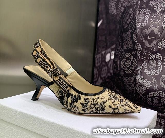 Crafted Dior J'Adior Slingback Pumps 6.5cm in Toile de Jouy Embroidered Cotton Beige/Black 122315