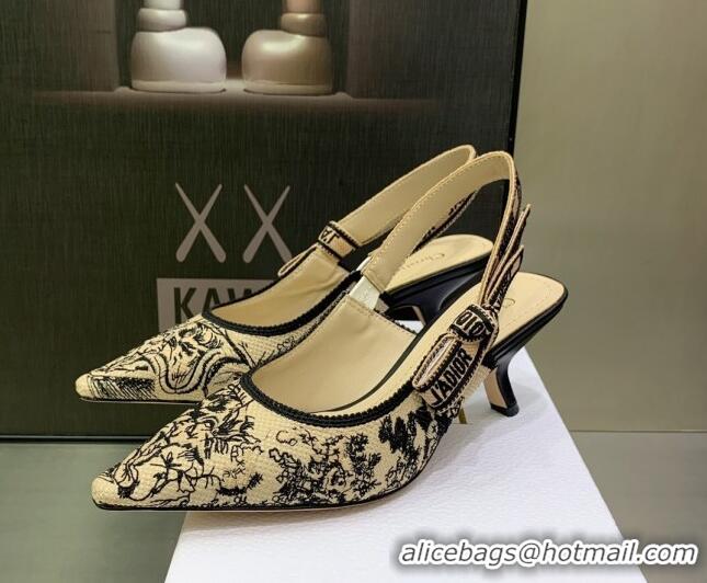 Crafted Dior J'Adior Slingback Pumps 6.5cm in Toile de Jouy Embroidered Cotton Beige/Black 122315