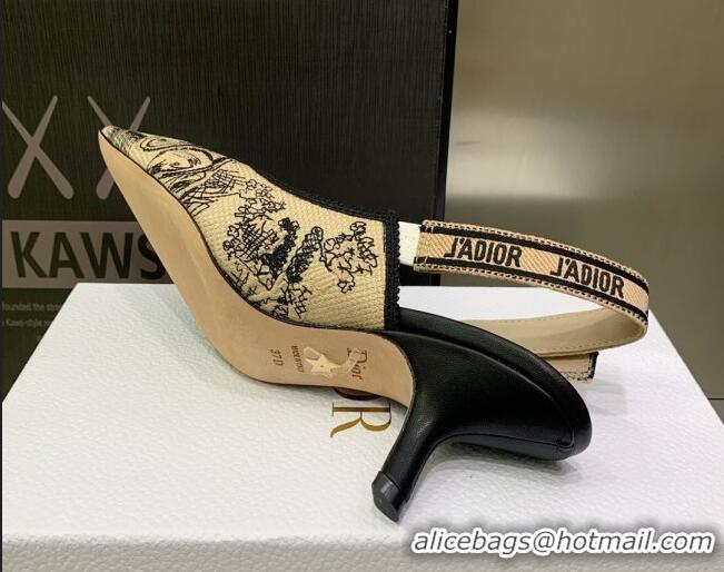 Crafted Dior J'Adior Slingback Pumps 6.5cm in Toile de Jouy Embroidered Cotton Beige/Black 122315