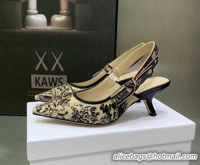 Crafted Dior J'Adior Slingback Pumps 6.5cm in Toile de Jouy Embroidered Cotton Beige/Black 122315