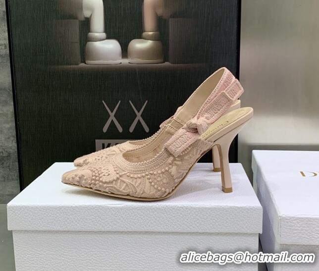 Good Looking Dior J'Adior Slingback Pumps 9.5cm in Nude Macrame Embroidered Cotton 122317