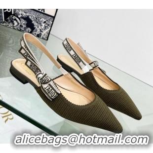 Duplicate Dior J'Adior Slingback Ballerina Flat in Khaki Green Embroidered Cotton 122329