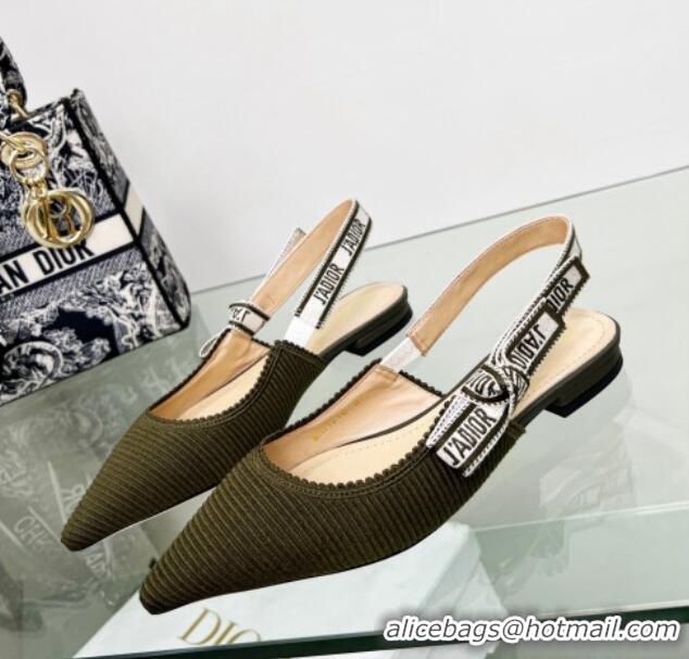 Duplicate Dior J'Adior Slingback Ballerina Flat in Khaki Green Embroidered Cotton 122329