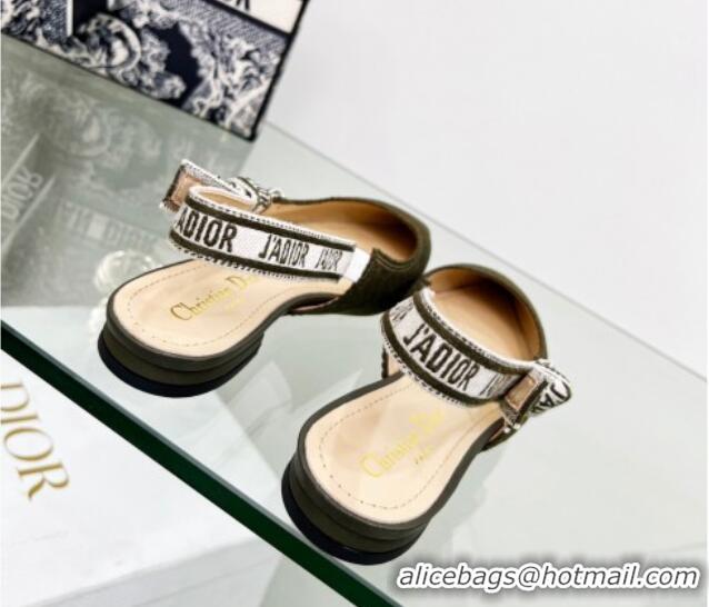 Duplicate Dior J'Adior Slingback Ballerina Flat in Khaki Green Embroidered Cotton 122329