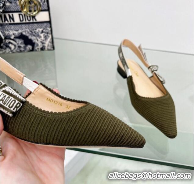 Duplicate Dior J'Adior Slingback Ballerina Flat in Khaki Green Embroidered Cotton 122329