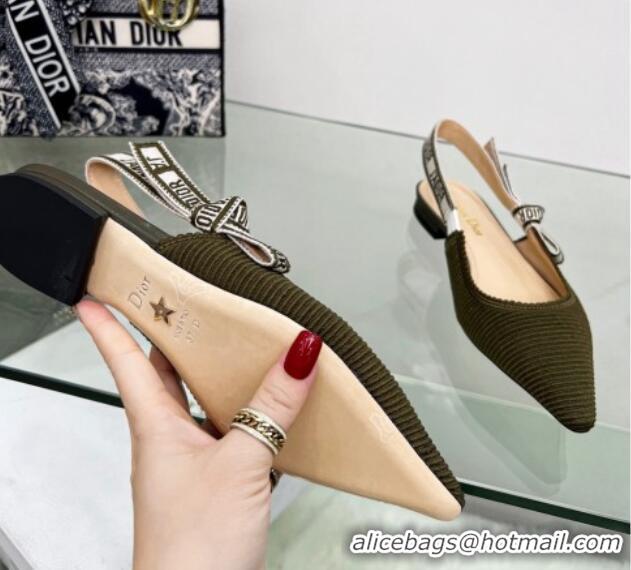 Duplicate Dior J'Adior Slingback Ballerina Flat in Khaki Green Embroidered Cotton 122329