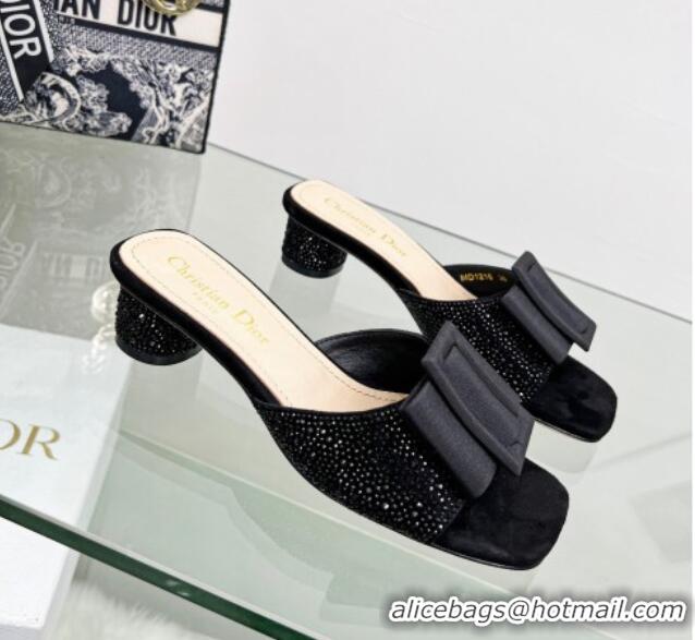 Stylish Dior Idylle Heeled Slide Sandals 3.5cm in Black Suede Covered with Crystal with Grosgrain Bow Black 2122335