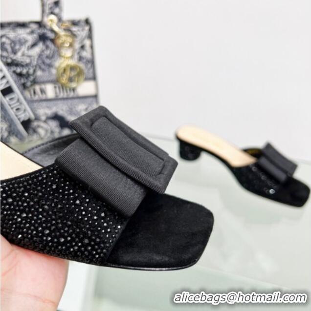 Stylish Dior Idylle Heeled Slide Sandals 3.5cm in Black Suede Covered with Crystal with Grosgrain Bow Black 2122335