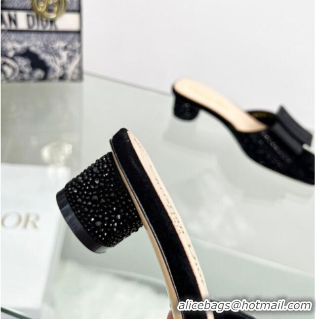 Stylish Dior Idylle Heeled Slide Sandals 3.5cm in Black Suede Covered with Crystal with Grosgrain Bow Black 2122335