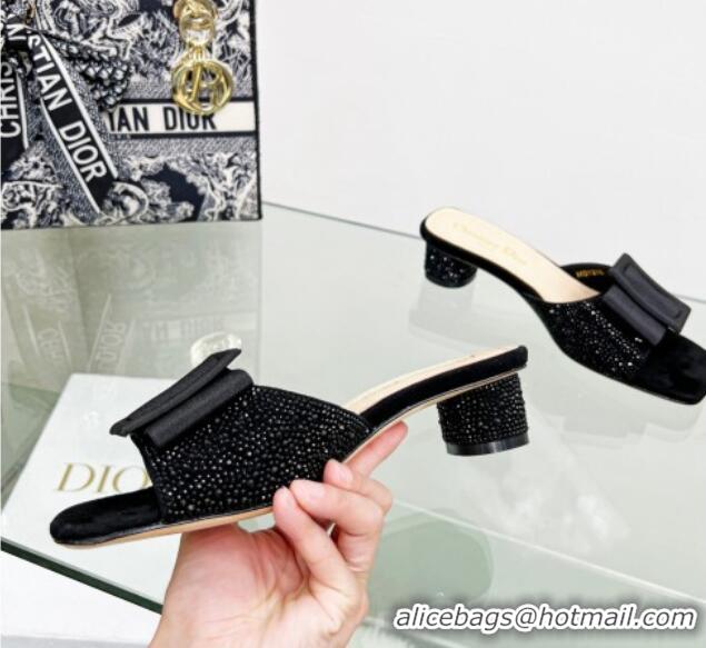 Stylish Dior Idylle Heeled Slide Sandals 3.5cm in Black Suede Covered with Crystal with Grosgrain Bow Black 2122335