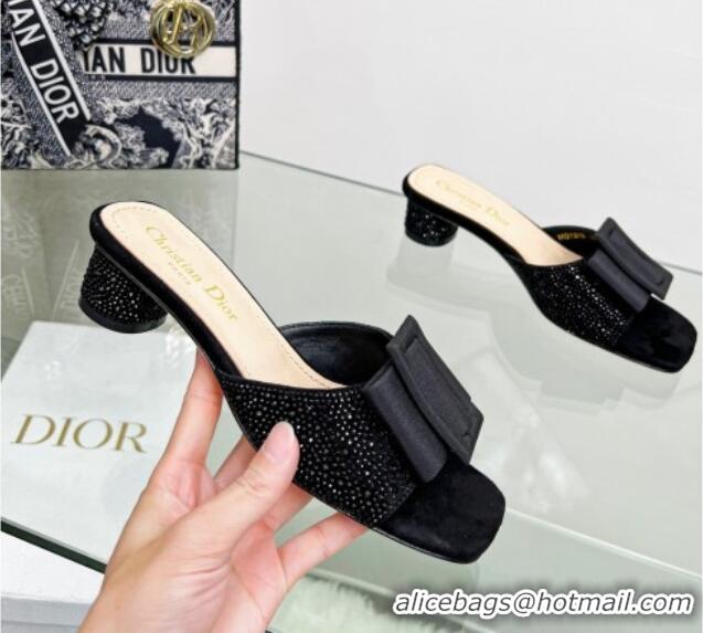 Stylish Dior Idylle Heeled Slide Sandals 3.5cm in Black Suede Covered with Crystal with Grosgrain Bow Black 2122335