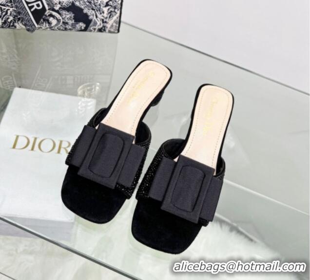 Stylish Dior Idylle Heeled Slide Sandals 3.5cm in Black Suede Covered with Crystal with Grosgrain Bow Black 2122335